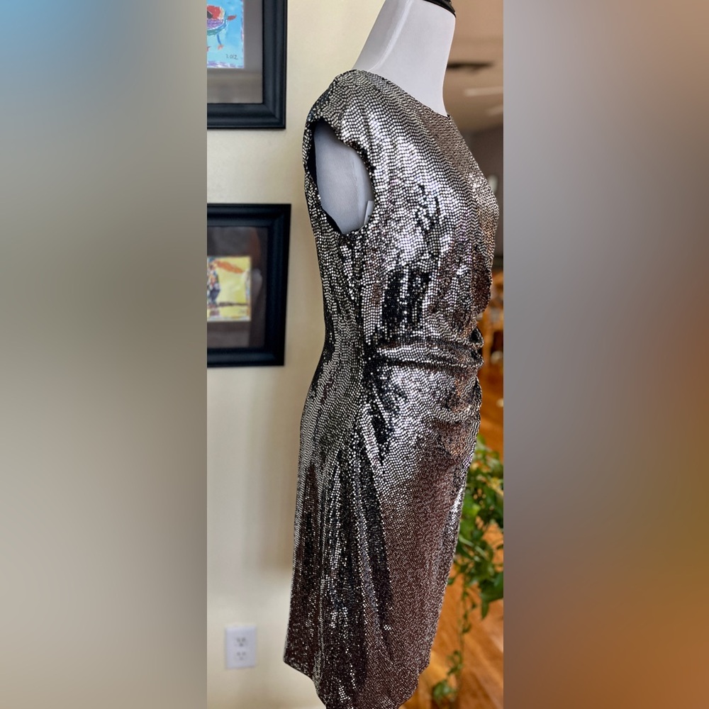 Anne Klein Shimmering Sparkle Silver Rouched Waist Mini Dress Sz M - Picture 5 of 11
